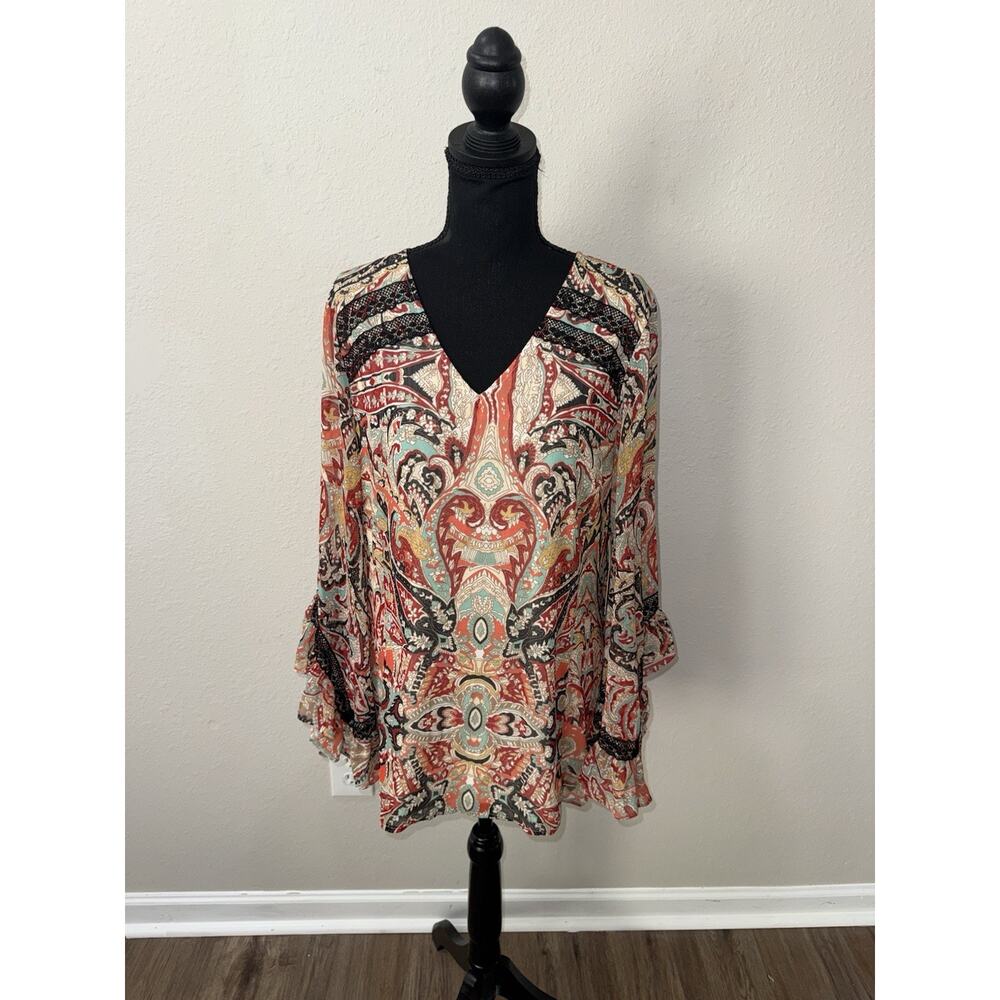 Reba Womens Large L Paisley V-Neck Boho Bell Sleeve Lace Trim Blouse Tunic NWT